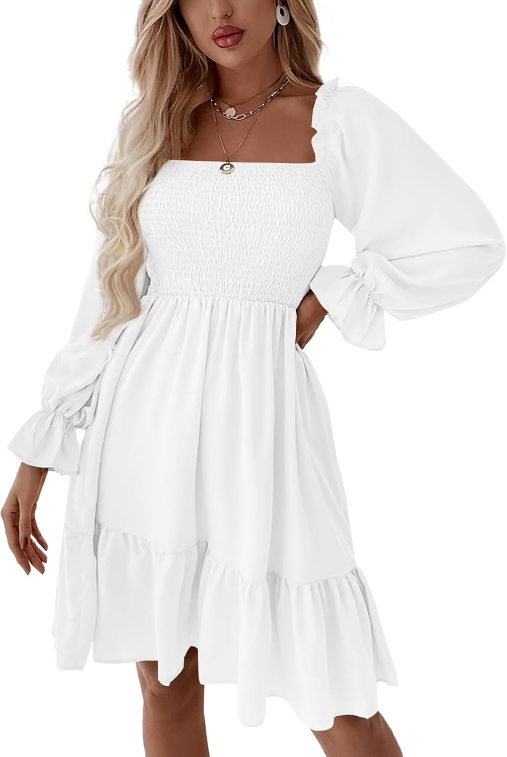 LYANER Women's Square Neck Lantern Long Sleeve Mini Dress