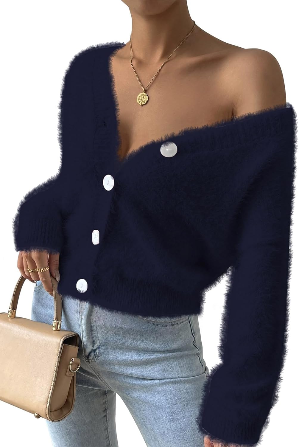 Pink Queen Women's Furry Cropped Cardigan for Fall Fashion