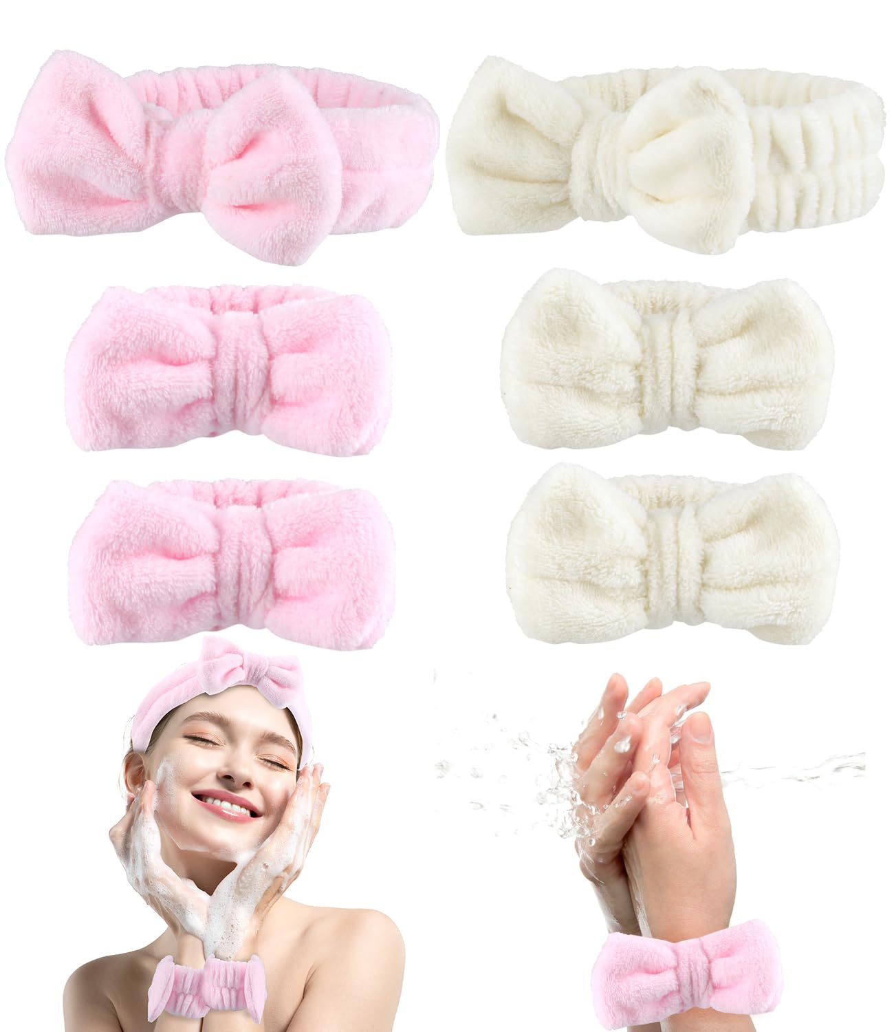 Spa Headband Set - Soft Skincare & Makeup Bands (Beige+Pink)