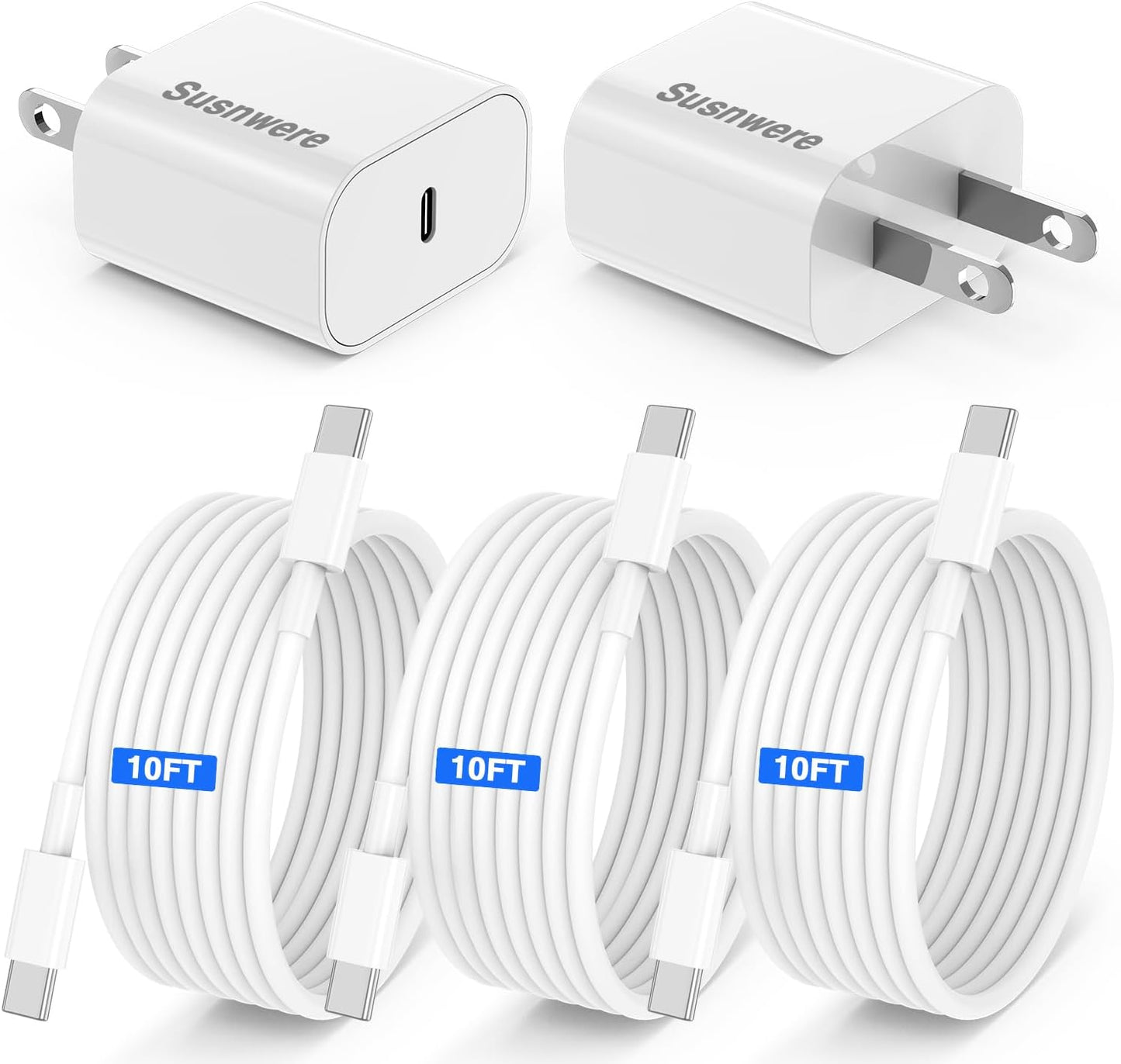 Fast 20W USB C Charger Kit + 3x 10ft Cables
