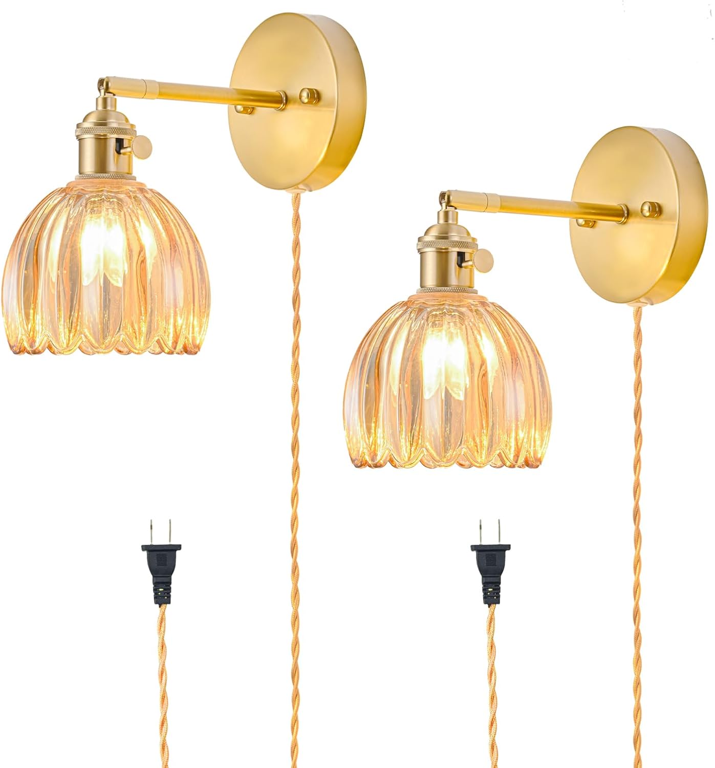 Vintage Plug in Wall Sconces Set of 2 with Amber Glass Shade