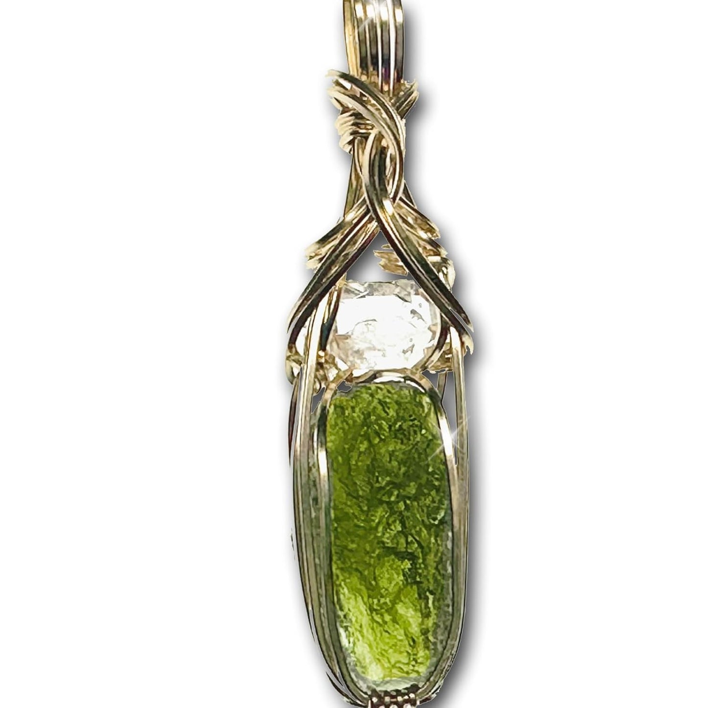 Genuine Moldavite Crystal Necklace with Herkimer Diamond Pendant