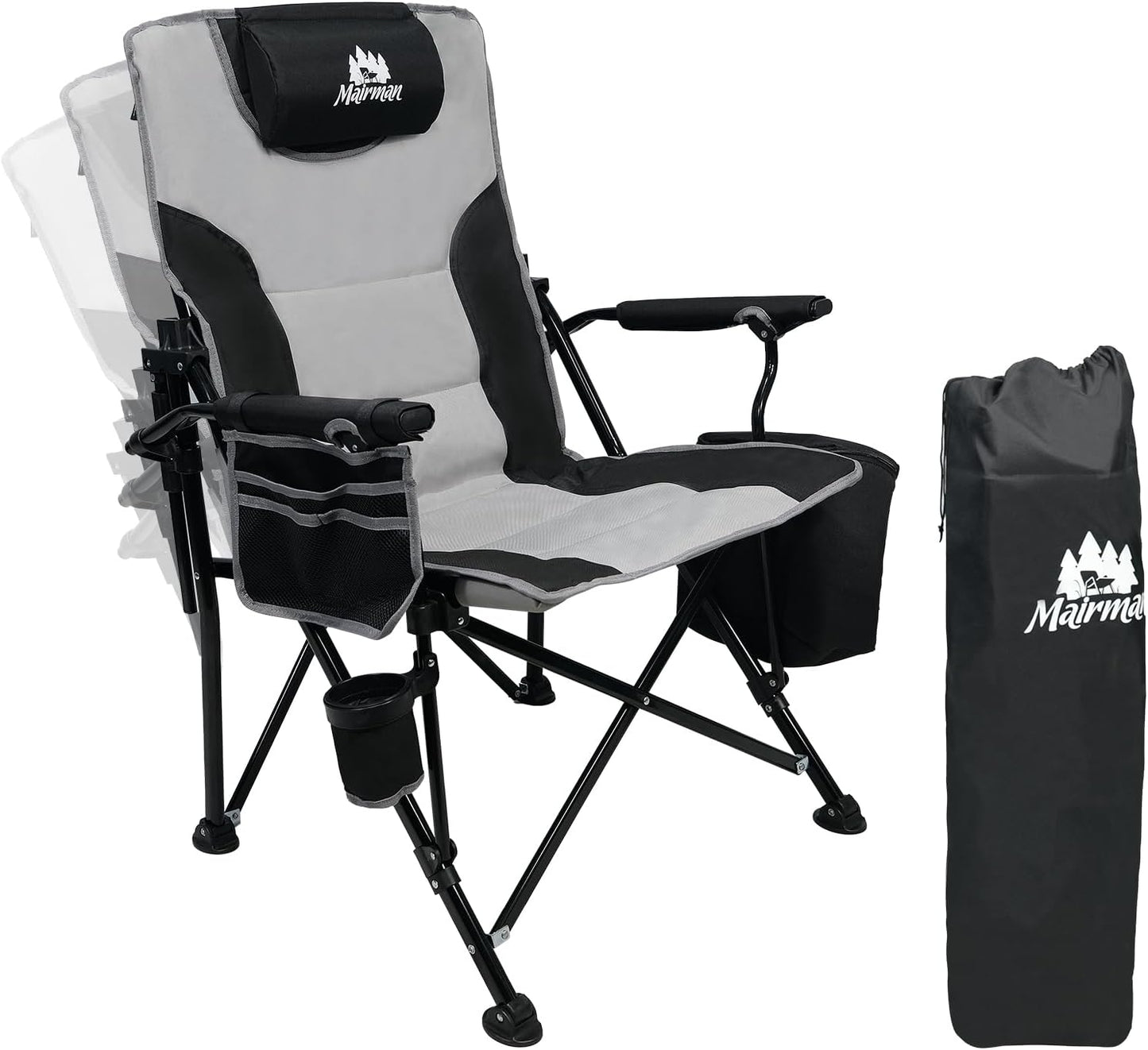 MAIRMAN Camping Chair | Adjustable Backrest | 350lbs Capacity | Cup Holder, Cooler Bag | Grey & Black