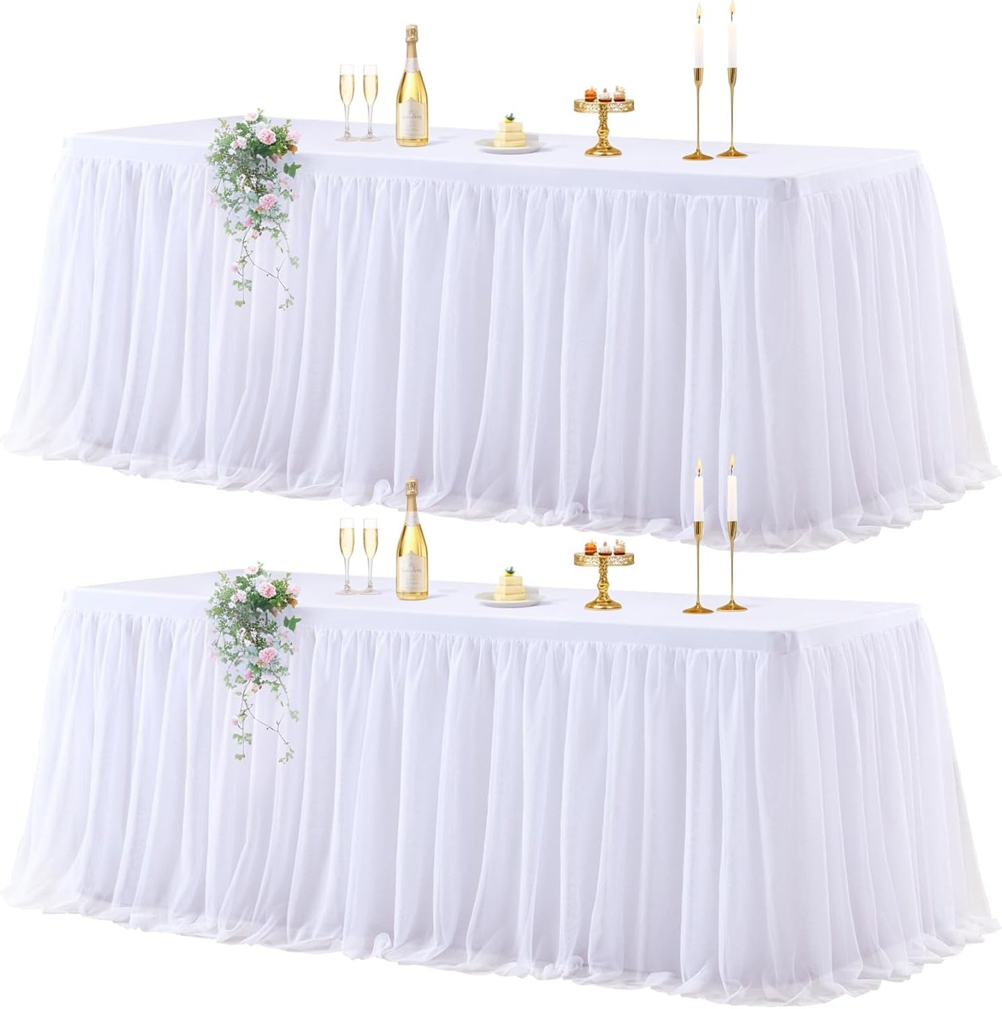 Elegant 2 Pack White Tulle Table Cloth for 6 Foot Tables