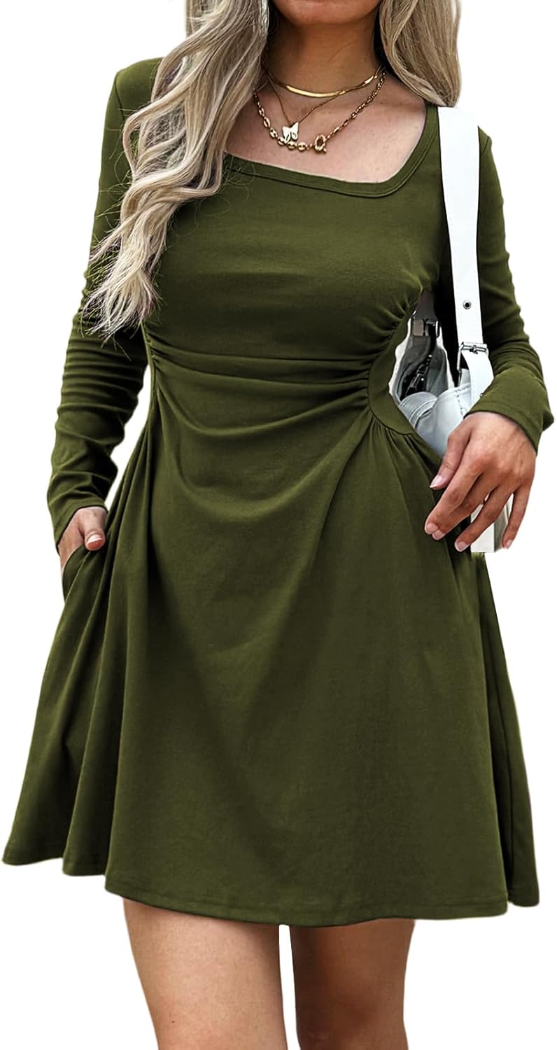 Women's Square Neck Long Sleeve Mini Dress with Pockets
