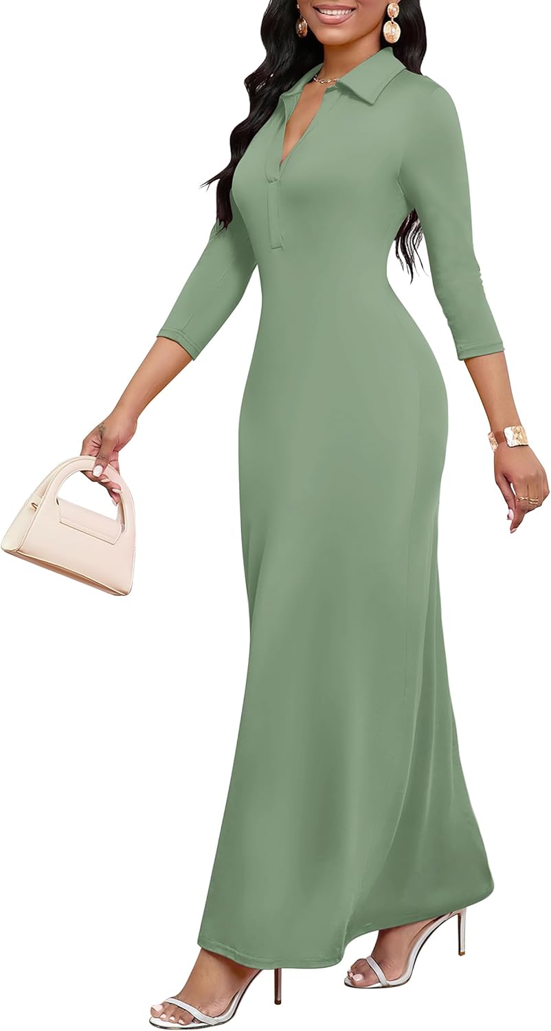 Maxi Dresses for Women Casual V Neck 3/4 Sleeve Bodycon Style