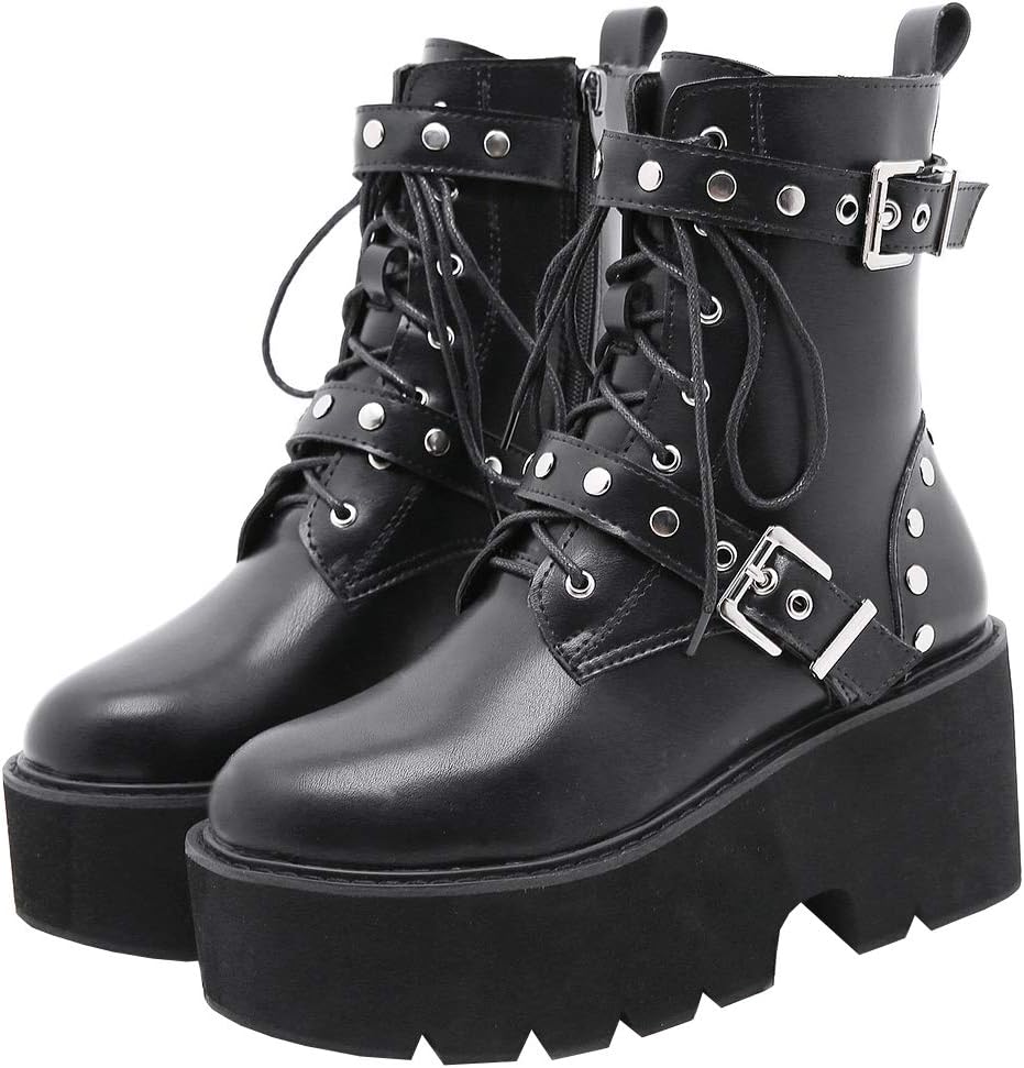 Parisuit Womens Goth Patent Ankle Boots for Punk Style Lovers