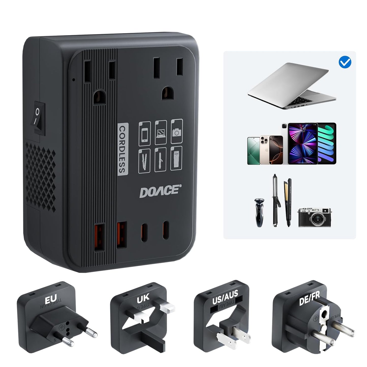 DOACE 220V to 110V Converter for European Travel with USB Ports