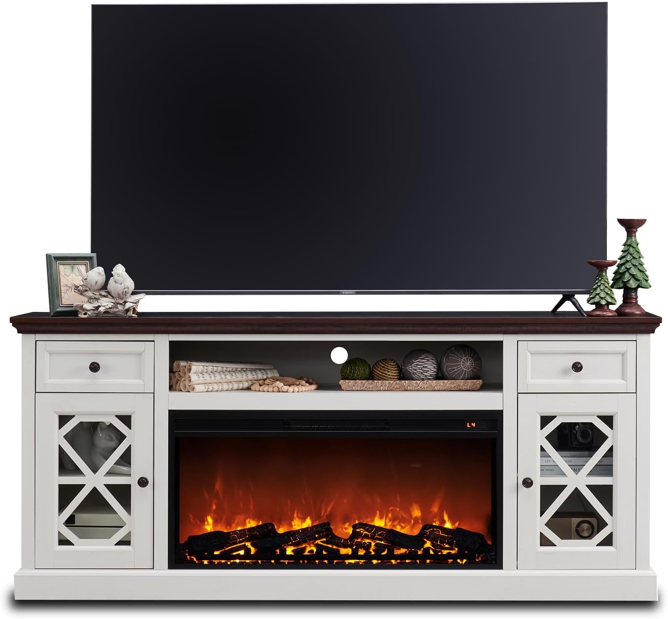 Rustic 80 Electric Fireplace TV Stand, Antique White, IFBUY