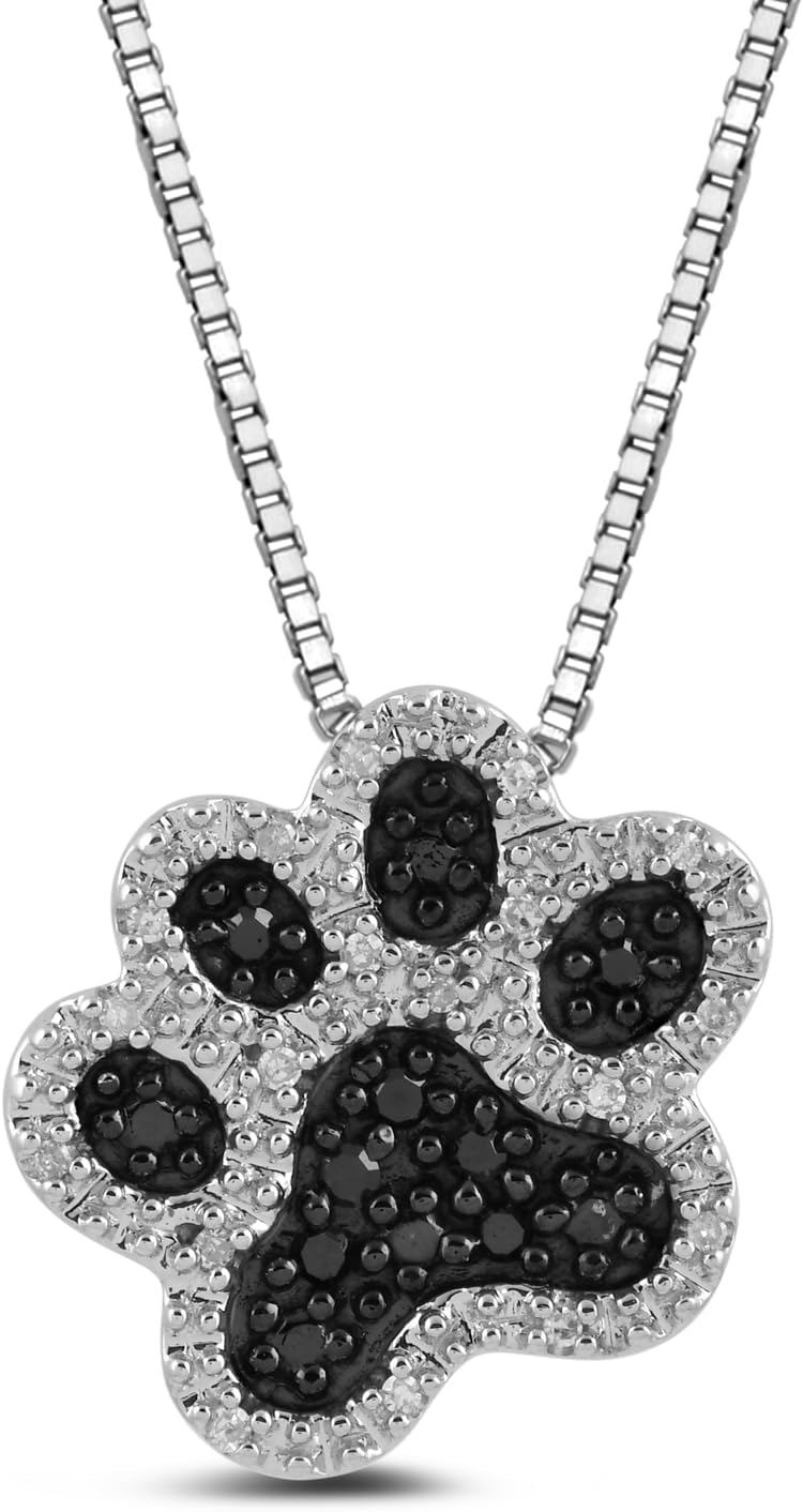 Sterling Silver Black and White Diamond Dog Paw Pendant Necklace