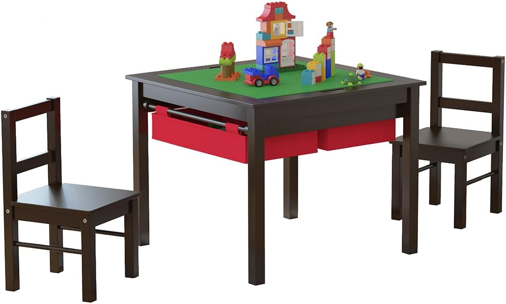 UTEX Wooden Kids Construction Play Table and Chairs Set with Storage