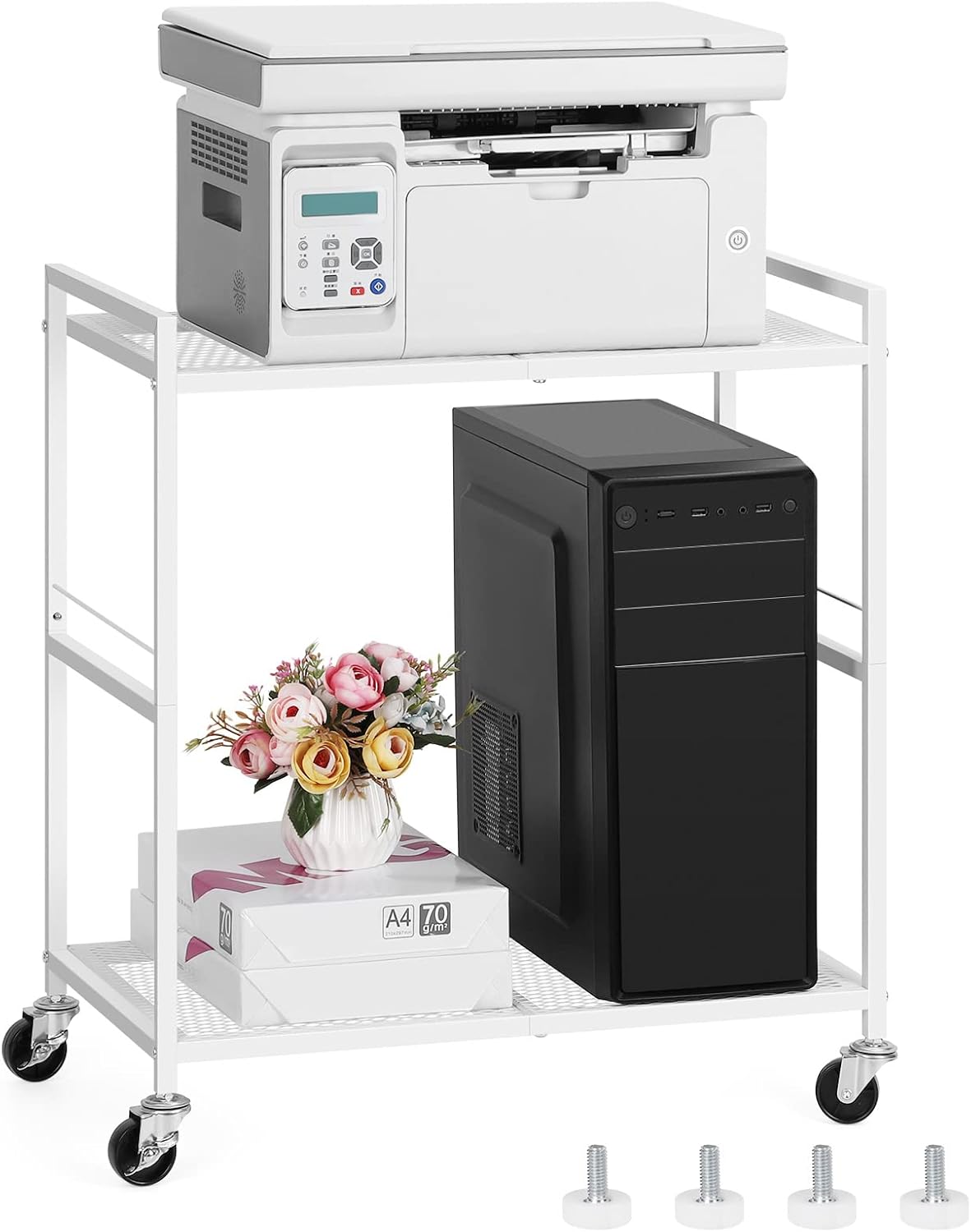 Rolling PC Tower Stand | 40lbs Capacity | 2 Tier Storage | White