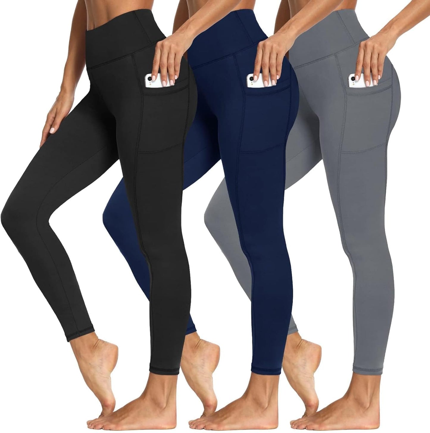 3 Packs Leggings with Pockets for Women - Soft High Waisted Pants
