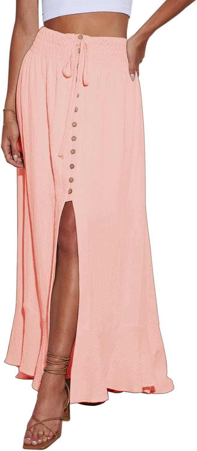 Minclouse Women's Elastic Tie Waist Maxi Skirt for Summer Style