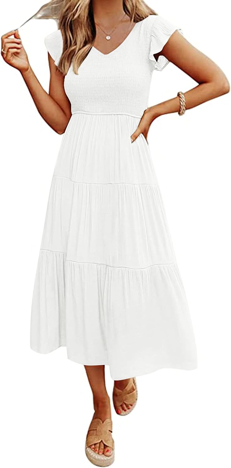 MEROKEETY Women's Flutter Sleeve Midi Dress with Pockets