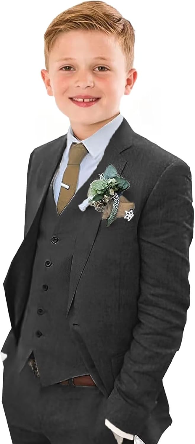 Boys Linen Suit Slim Fit 3 Piece Summer Beach Wedding Set