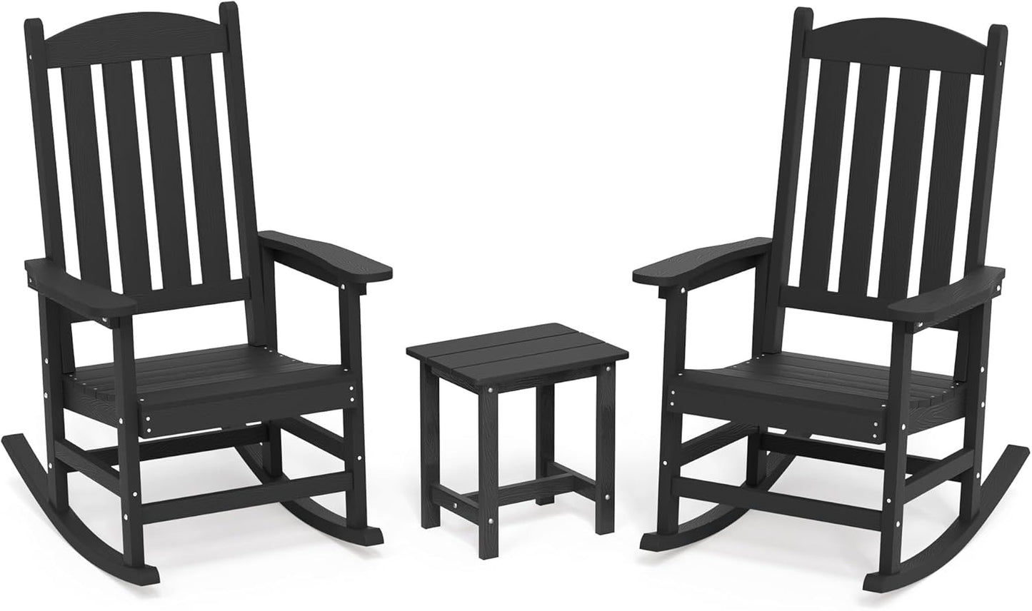 LUE BONA 3-Piece Outdoor Rocking Set, All-Weather Poly Chairs, 300LBS, Black