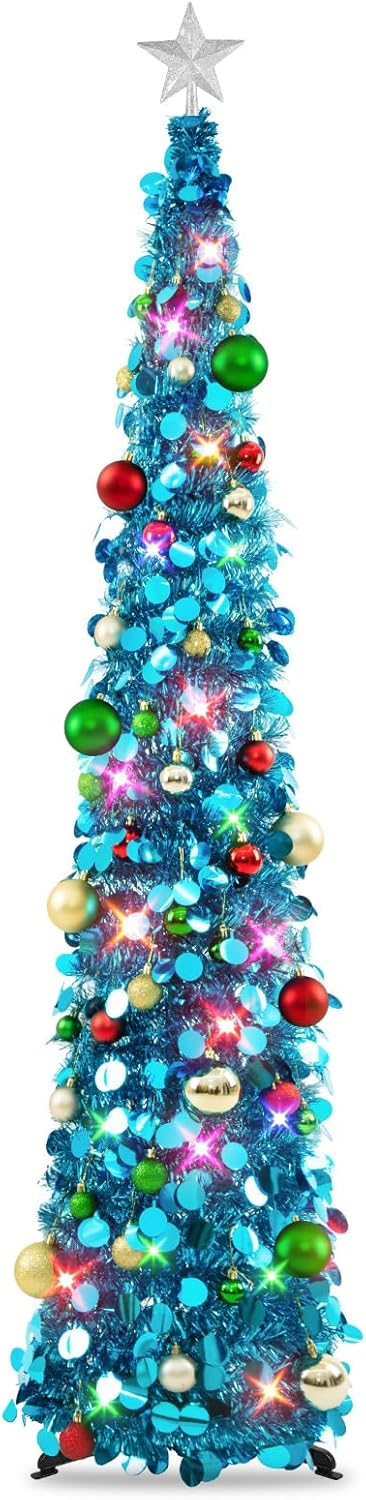 Pop Up Christmas Tree with Lights & 40 Balls for Holiday Decor