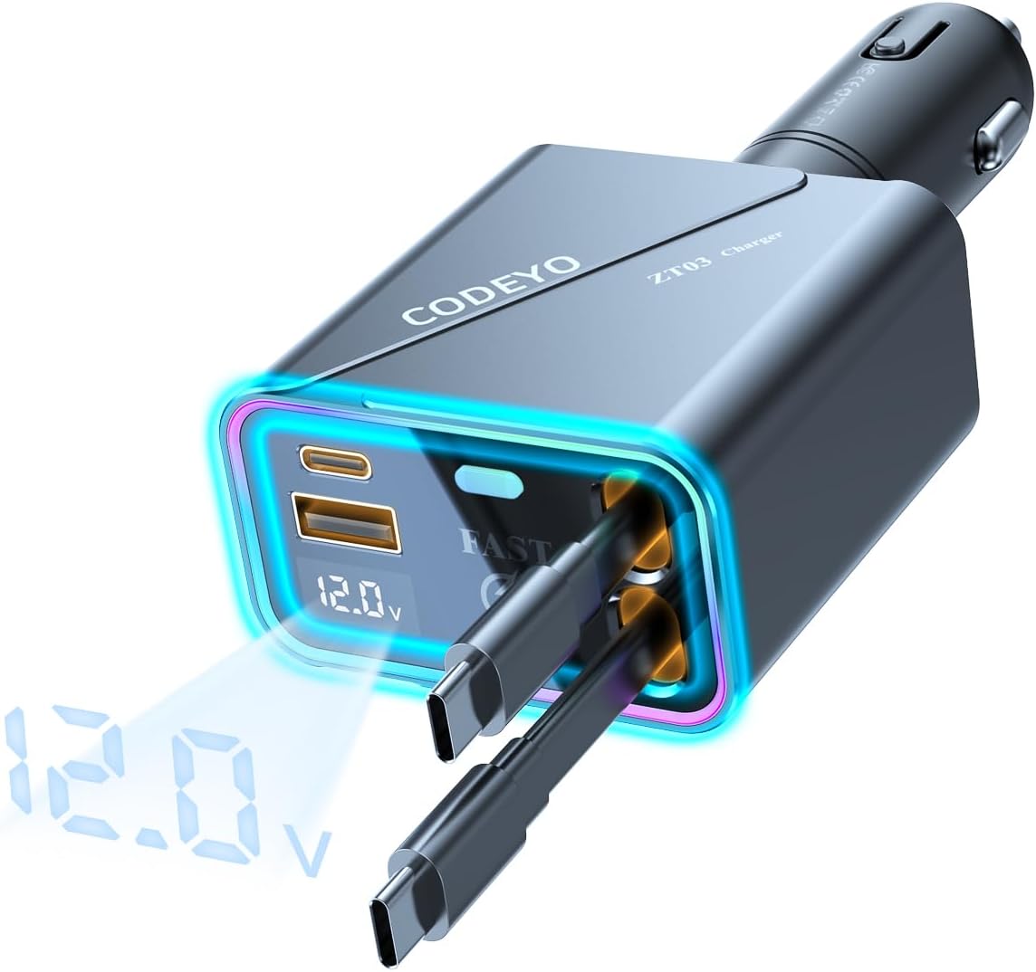 Fast 181W Retractable Car Charger with RGB Light