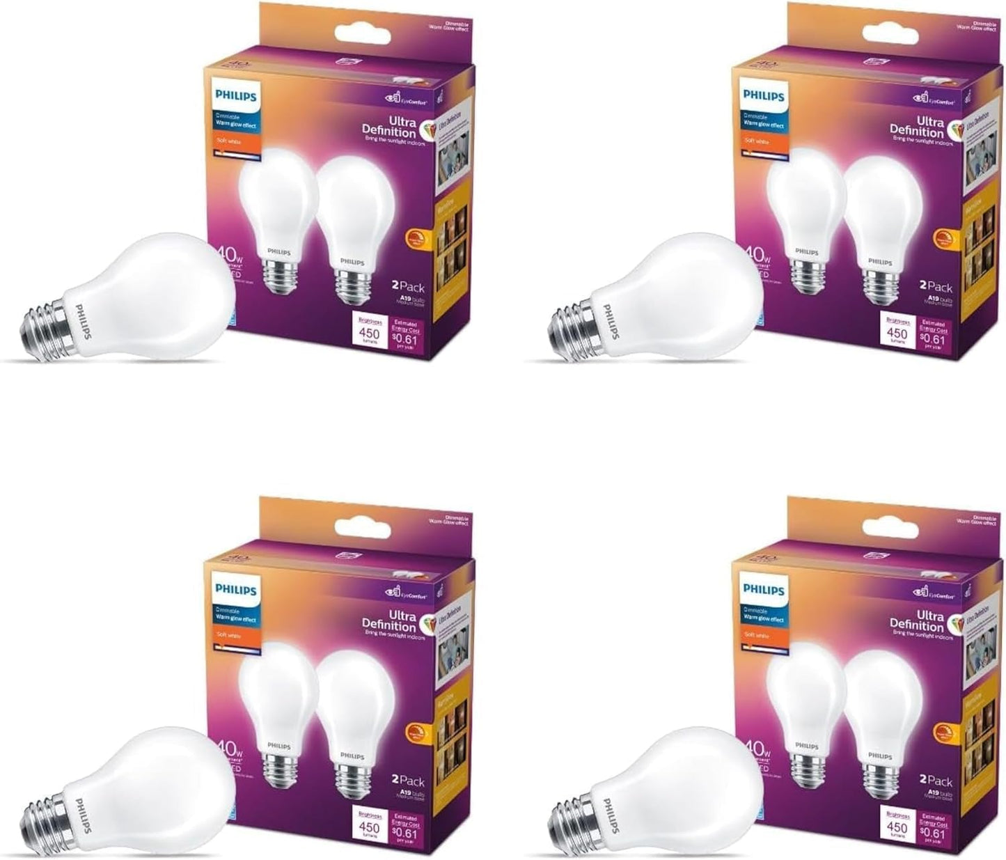 PHILIPS LED 40W A19 8-Pack Soft White Dimmable Light Bulbs