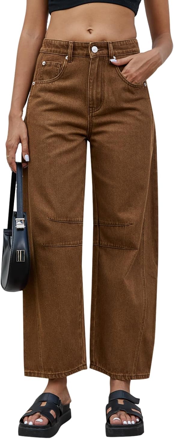 Mid Rise Barrel Jeans for Women - Wide Leg Cropped Denim Pants