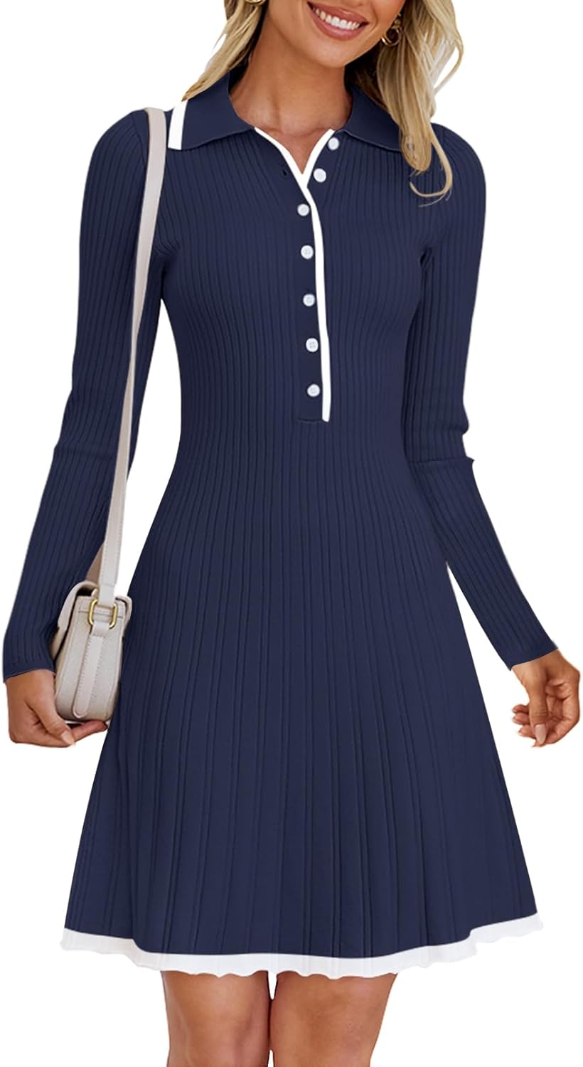 Stylish MEROKEETY Women's Long Sleeve V Neck Sweater Dress