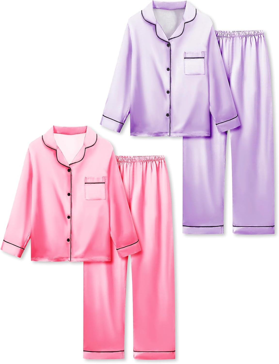 Satin Pajamas for Girls - 4-Piece Silky Button Down Set