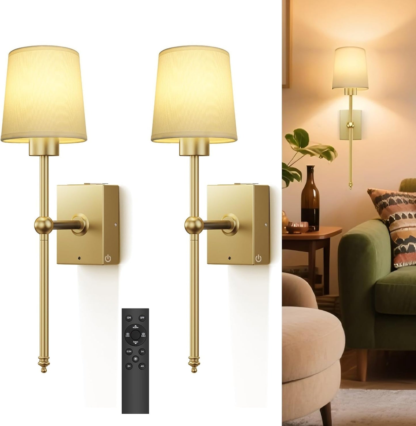 Battery Operated Wall Sconce Set of 2 - Gold Dimmable LED Lights