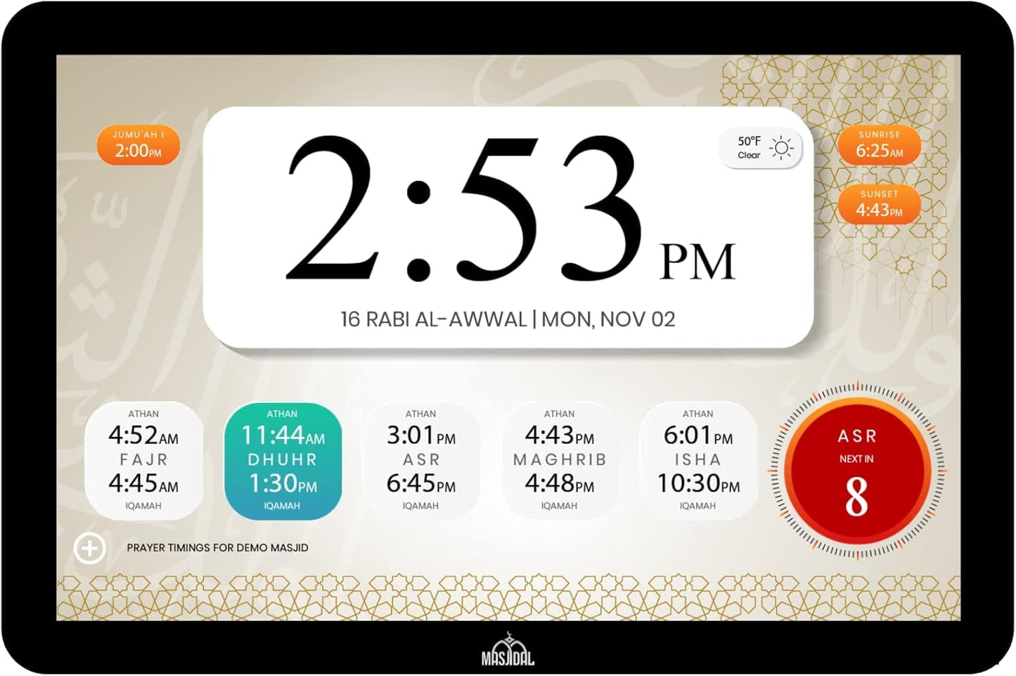 Masjidal 10in Digital Azan Clock with WiFi and Full Quran Player