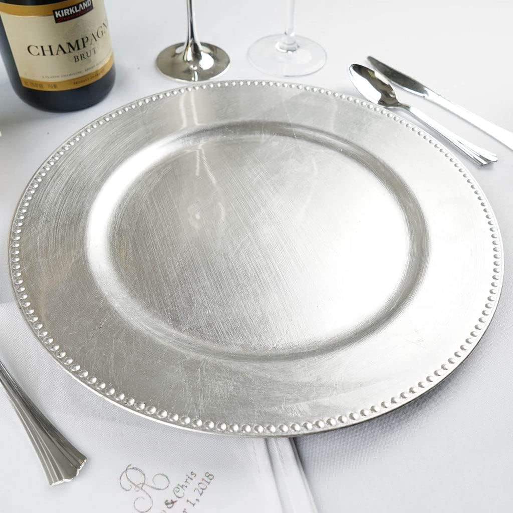 Elegant 24 pcs 13 in Silver Beaded Round Charger Plates Set