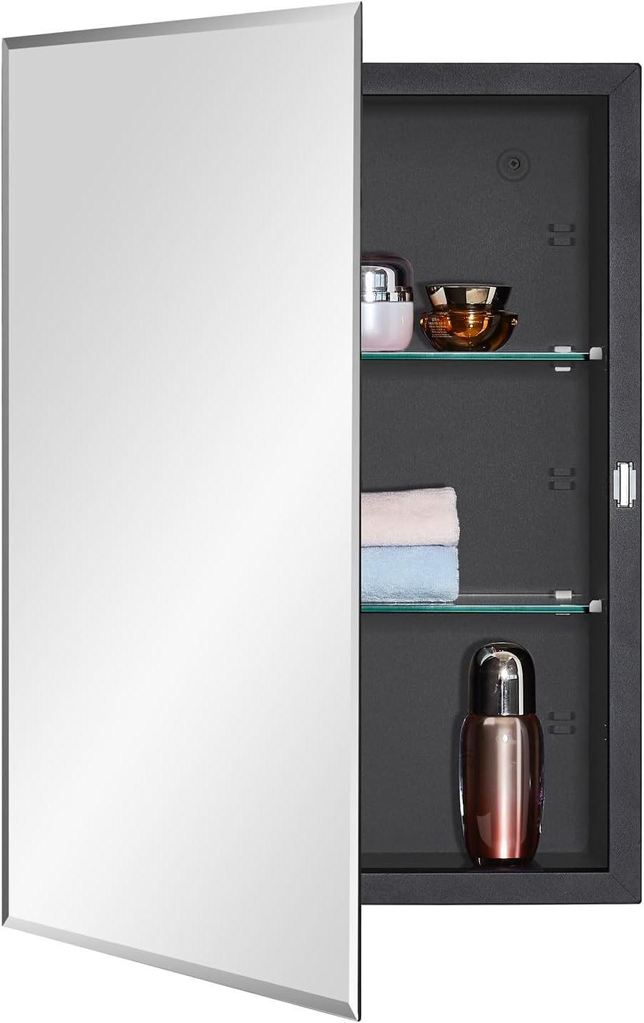 Black Bathroom Medicine Cabinet with Beveled Edge Mirror Design