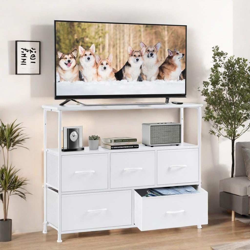 Modern TV Stand with Fabric Storage & Tower - Organize Stylishly!