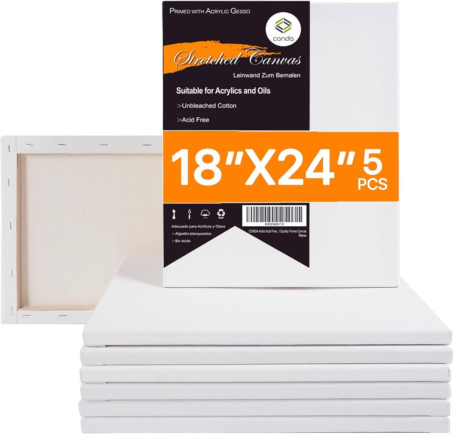 CONDA 18x24 inch Stretched Canvas for Painting, 5 Pack Quality