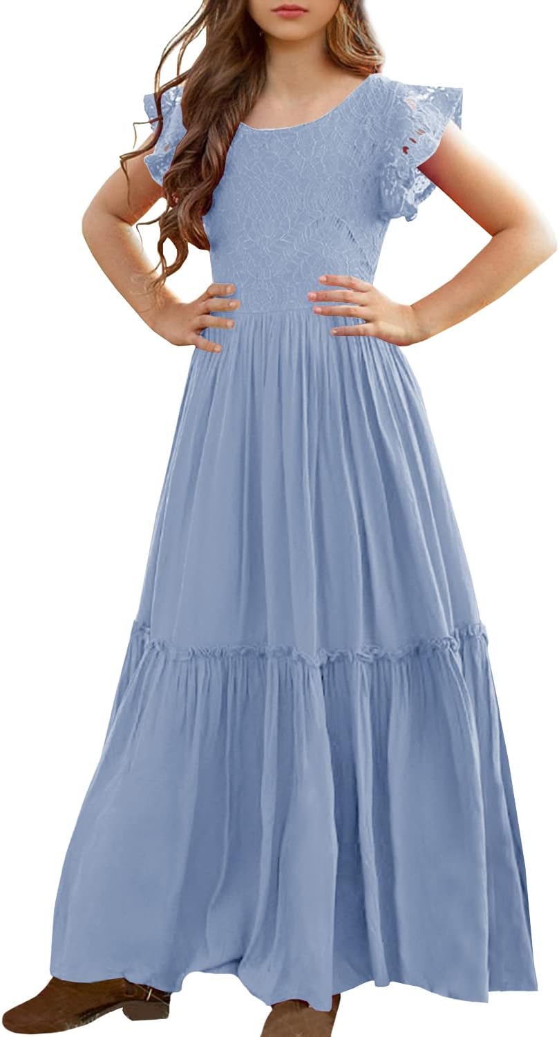MITILLY Girls Lace Flower Ruffle Sleeve A-Line Maxi Dress