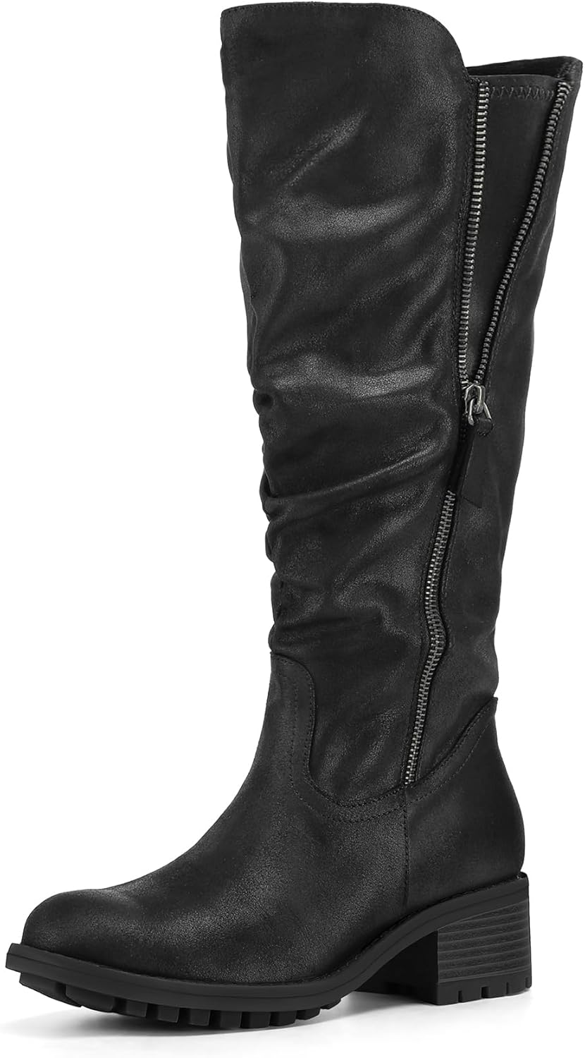mysoft Women's Knee High Boots with Side Zipper and Chunky Heel