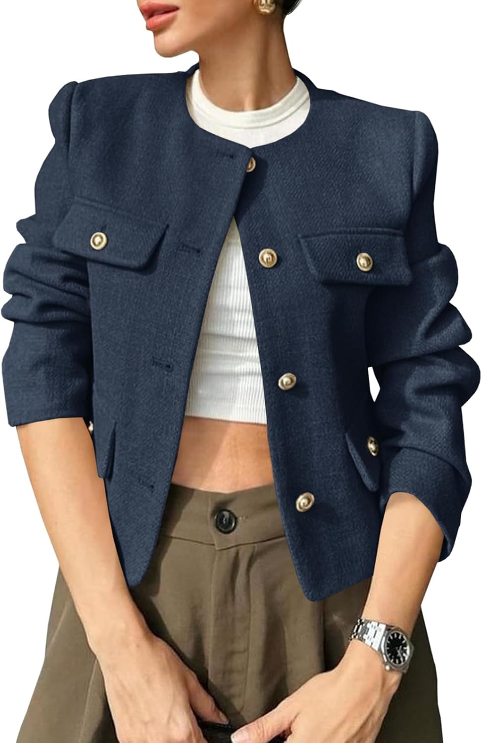 Cropped Tweed Blazer Jacket for Women - Stylish Business Casual
