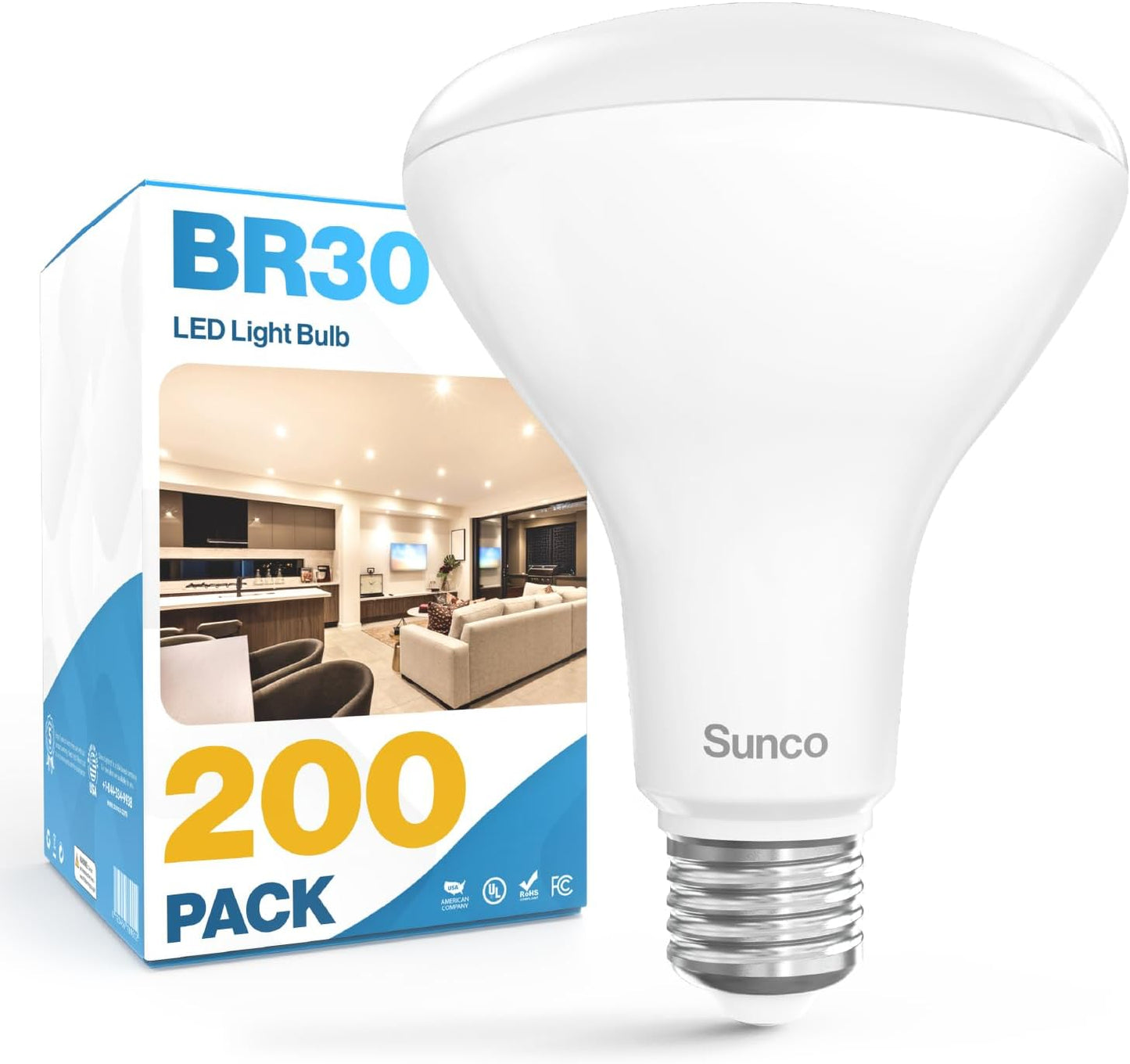 Sunco 200 Pack BR30 LED Light Bulbs for Indoor Flood Lighting