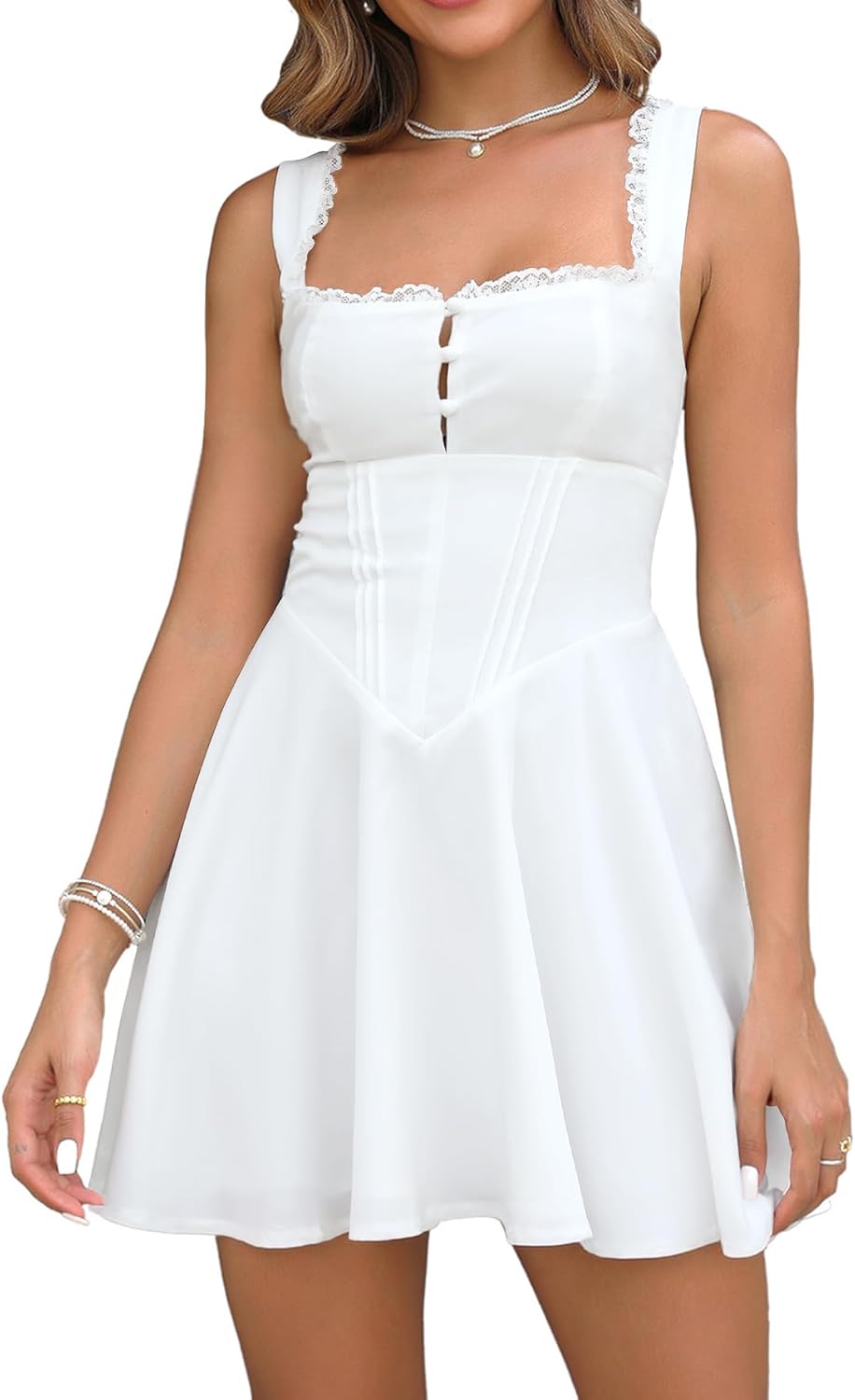 Women's Square Neck Lace Mini Dress for Summer Occasions