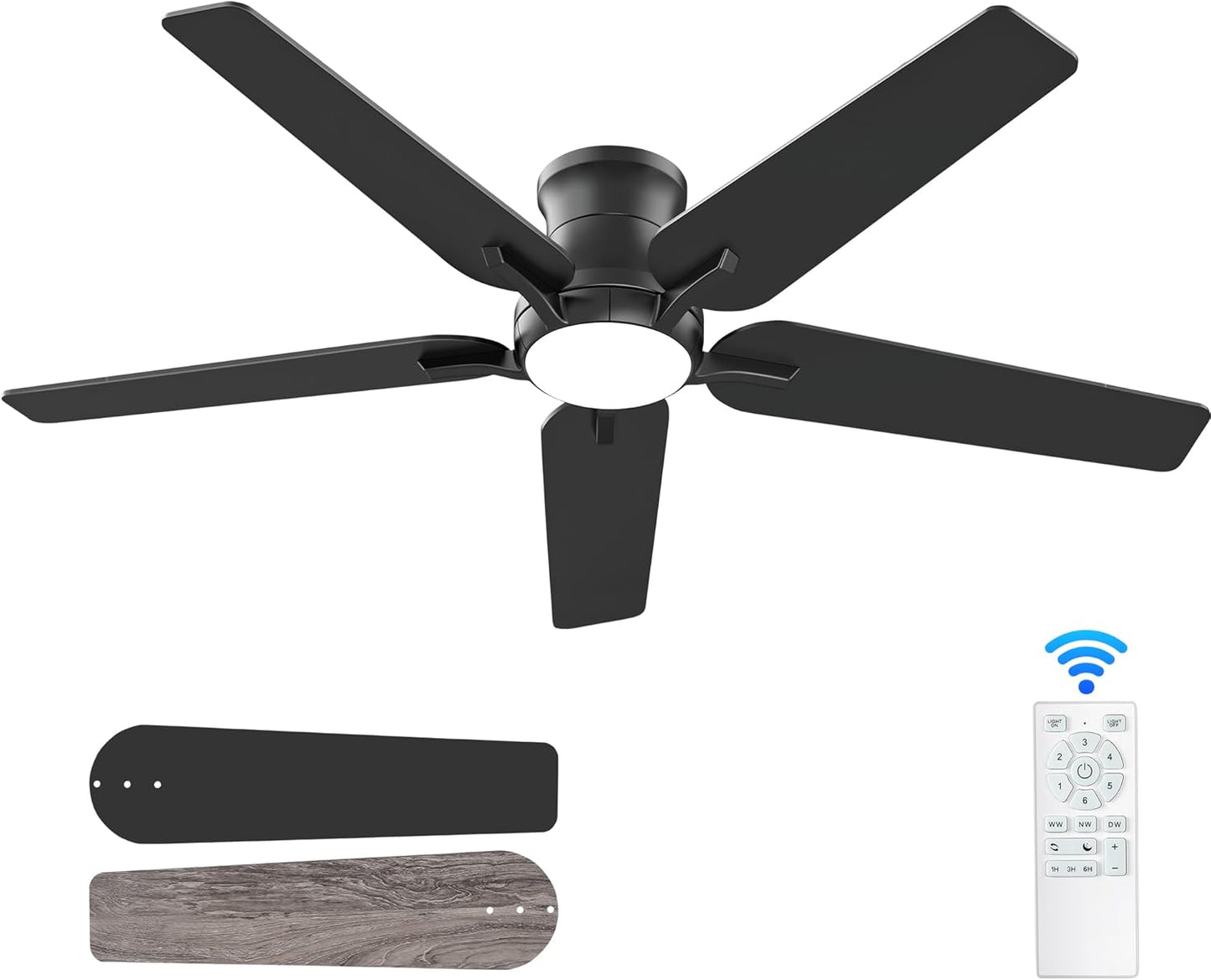 52 Inch Black Ceiling Fan with Lights and Remote for Home Use