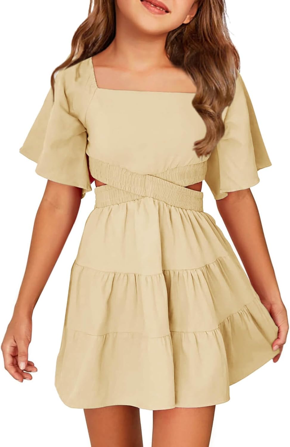 Batermoon Girls Summer Dress Square Neck Short Sleeve A-line
