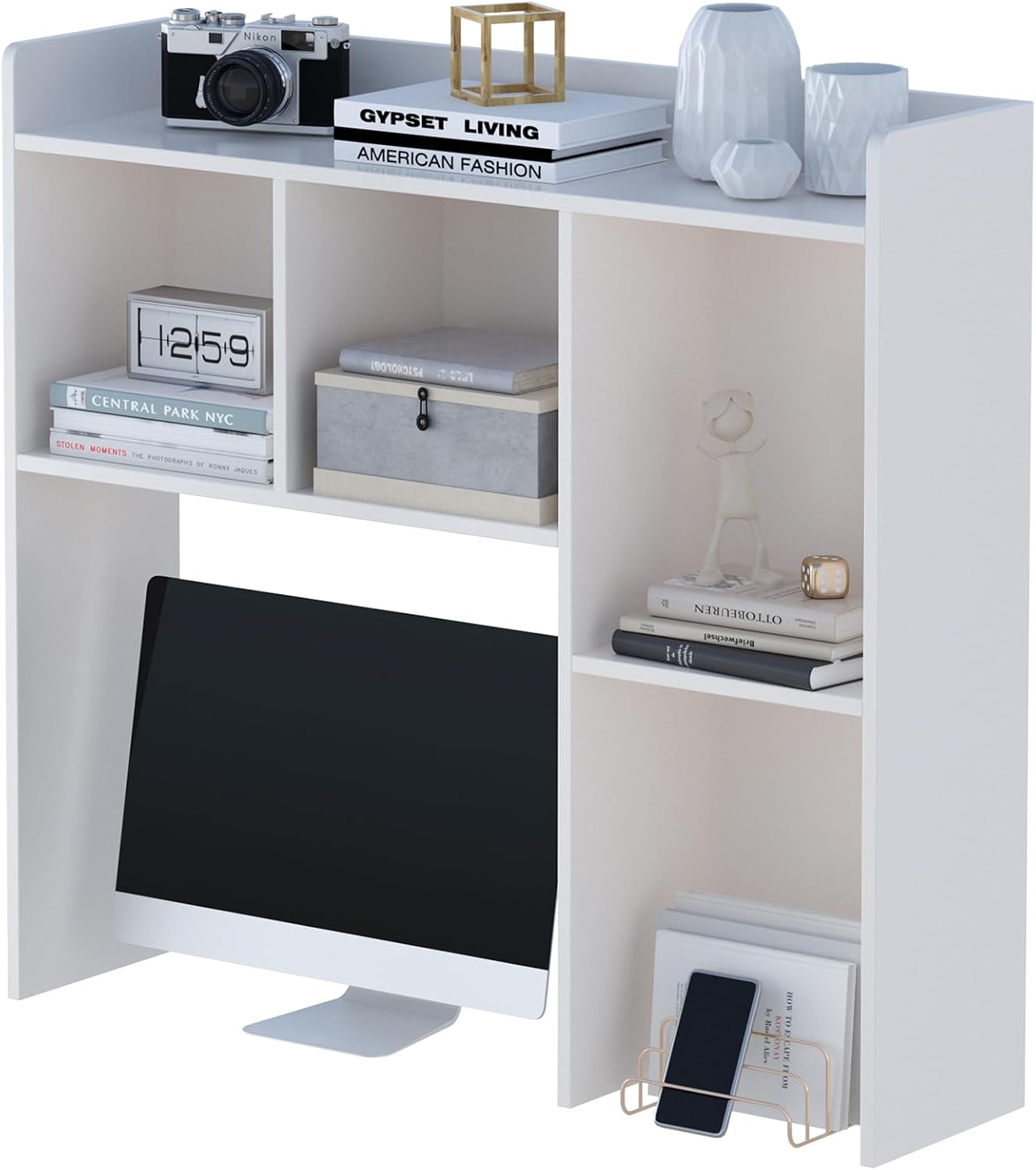 White Desktop Hutch Bookshelf - Space-Saving Desk Organizer
