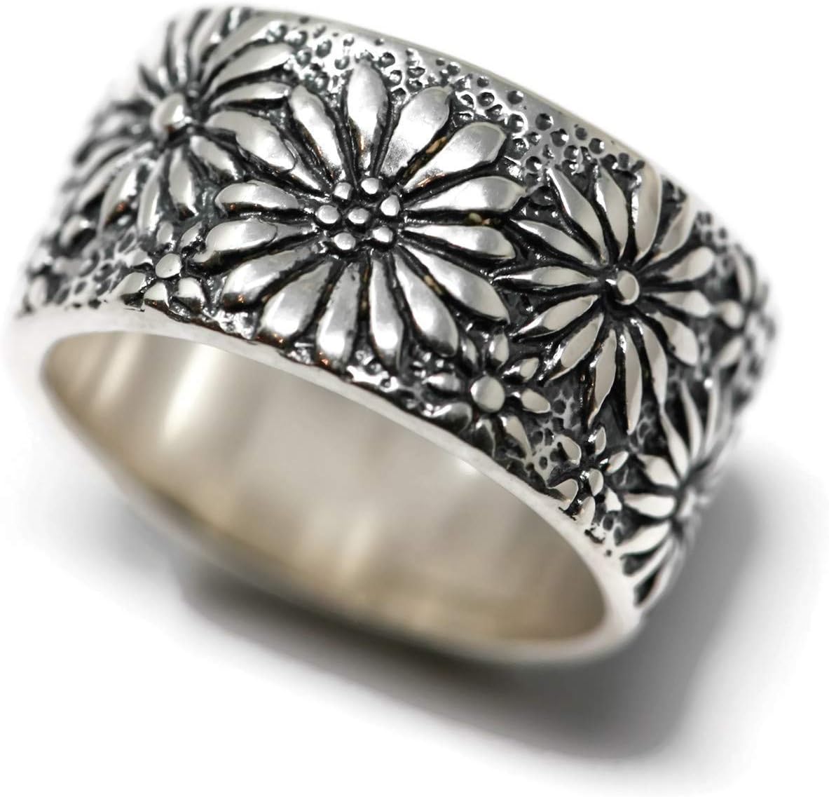 925 Sterling Silver Floral Pattern Band - Handmade Elegance