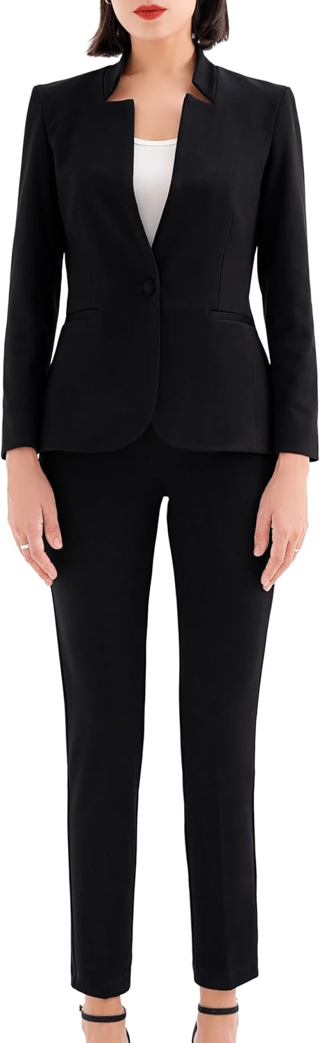 Marycrafts Women's Professional Stand Up Collar Blazer Pant Suit Set