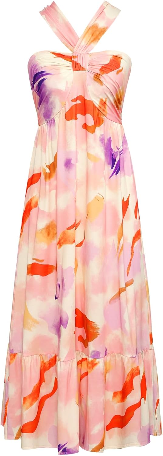 Women's Criss Cross Halterneck Floral Print Maxi Dress for Summer