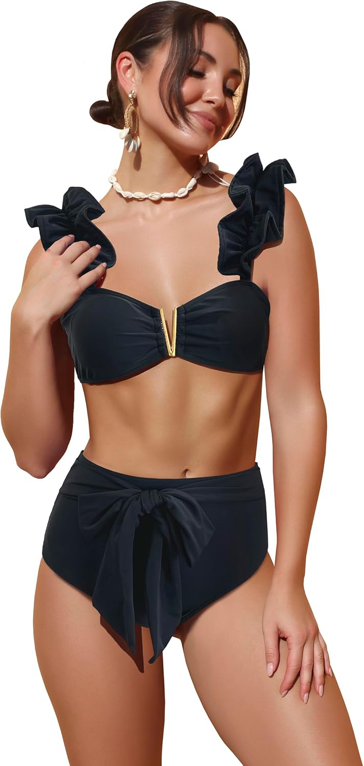 SPORLIKE Women High Waisted Swimsuit Flounce Straps Bikini Set