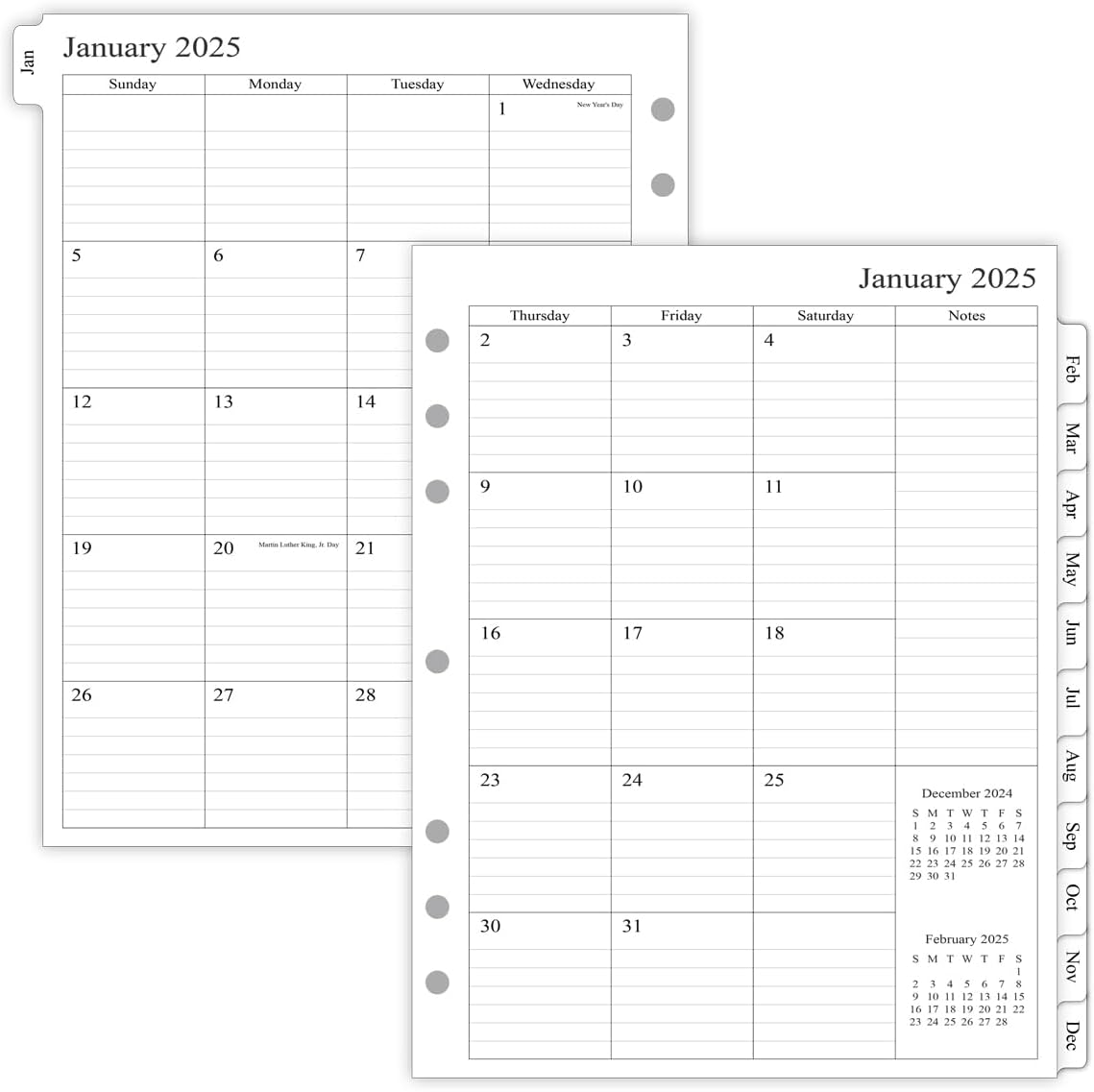 2025 Monthly Planner Refill: 2 Pages/Month, 8.5x11, Jan-Dec, Folio Size
