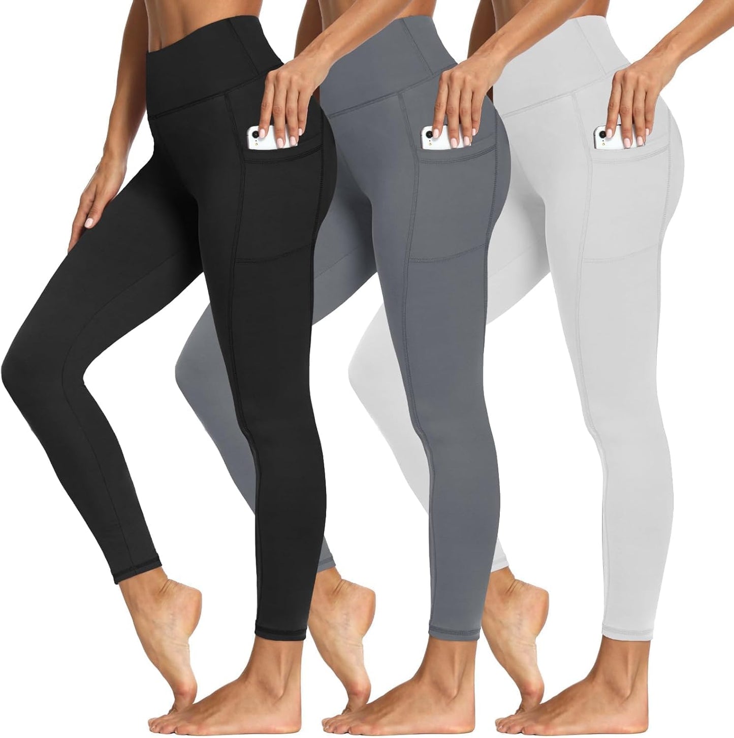 3 Packs Leggings with Pockets for Women - Soft High Waisted Pants