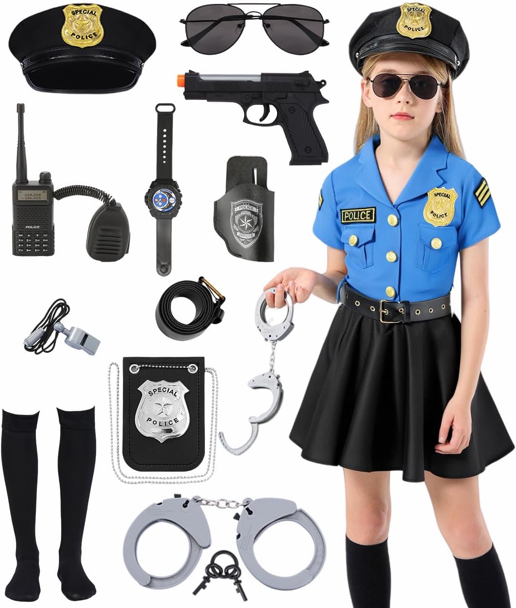 9 Pcs Halloween Police Officer Costume for Kids Girls Fun