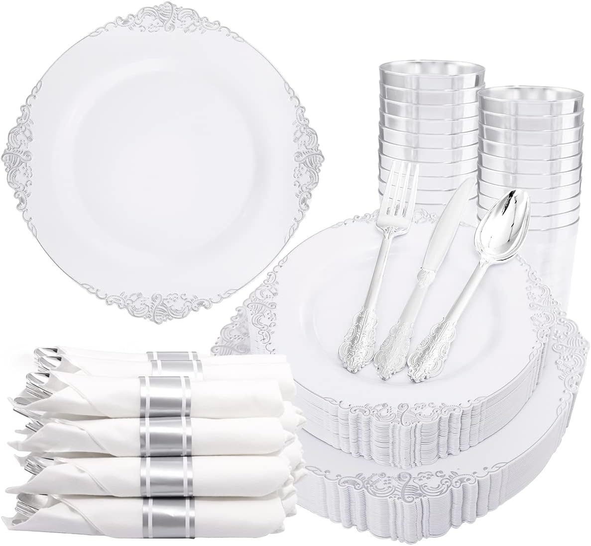 Liacere 350PCS Silver Plastic Tableware Set - Elegant Disposable Dinnerware for 50 Guests