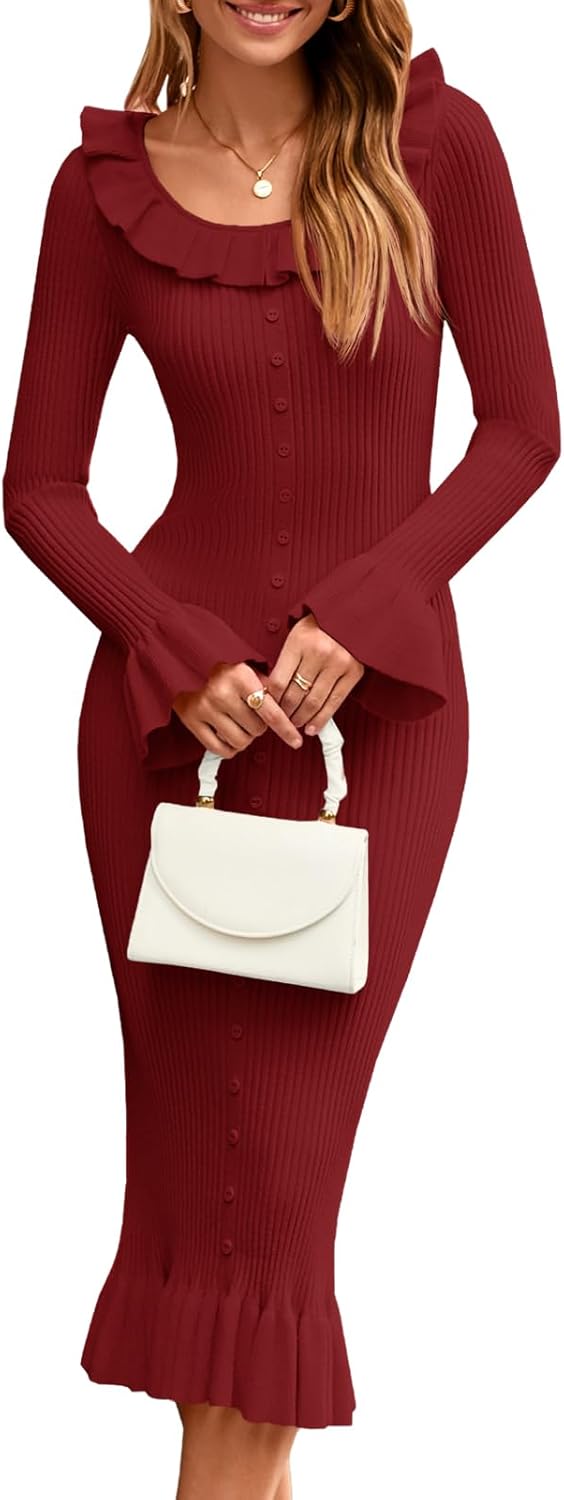 Womens Bell Long Sleeve Sweater Dress with Ruffle Details